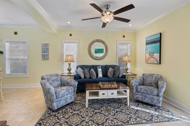 tiled living room with ceiling fan and ornamental molding