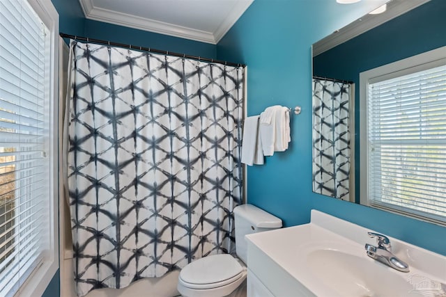 bathroom with vanity, crown molding, and toilet