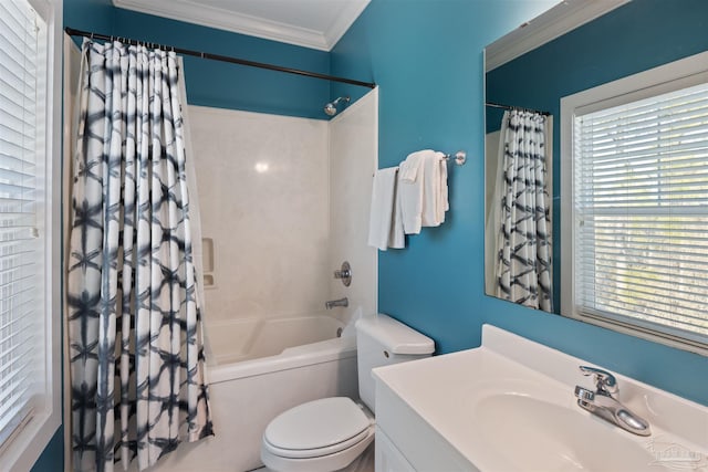 full bathroom with shower / tub combo, vanity, crown molding, and toilet