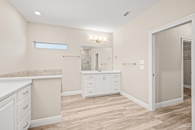 bathroom with baseboards, a walk in closet, vanity, and wood finished floors