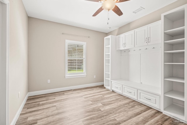 mudroom with light wood-type flooring and ceiling fan