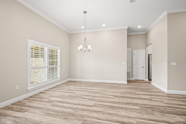 unfurnished room with baseboards, light wood finished floors, crown molding, a notable chandelier, and recessed lighting