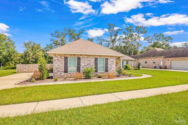 ranch-style house featuring brick siding, a front lawn, driveway, an attached garage, and roof with shingles