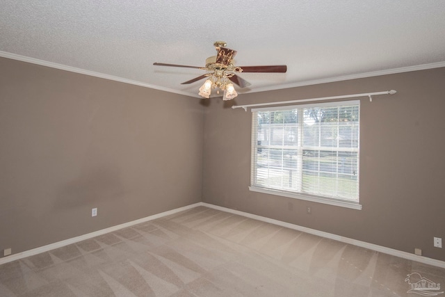 carpeted spare room with ceiling fan, crown molding, and a textured ceiling