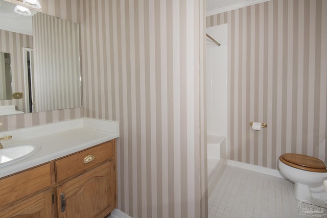 4416 Bellwood Cir, Pace, FL 32571 - bathroom featuring vanity, a shower, baseboards, toilet, and ornamental molding