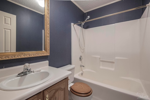 full bathroom featuring toilet, a textured ceiling, shower / tub combination, and ornamental molding