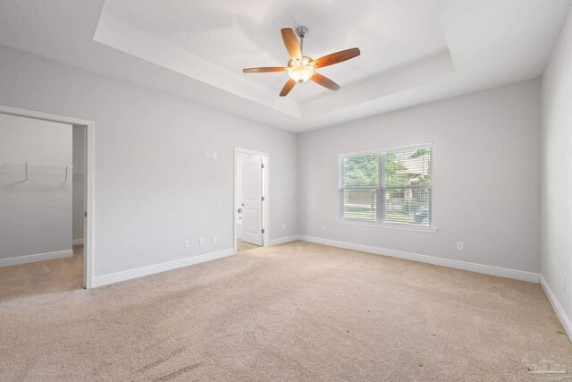 spare room with light carpet, a raised ceiling, and ceiling fan