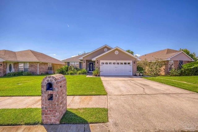 single story home with a garage and a front lawn