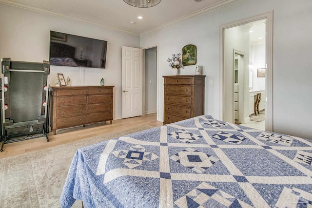 bedroom with ornamental molding, wood finished floors, connected bathroom, and recessed lighting