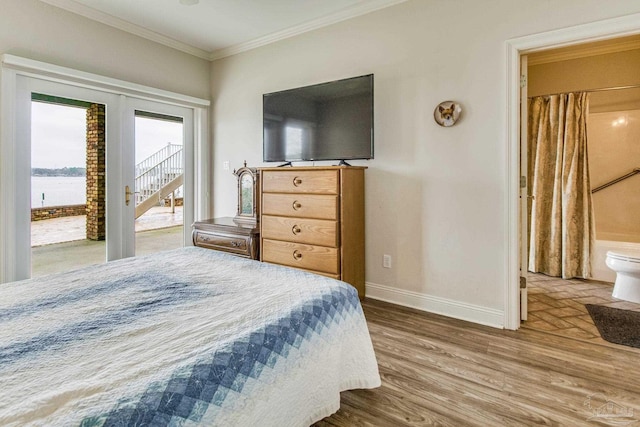 bedroom with access to outside, crown molding, baseboards, and wood finished floors