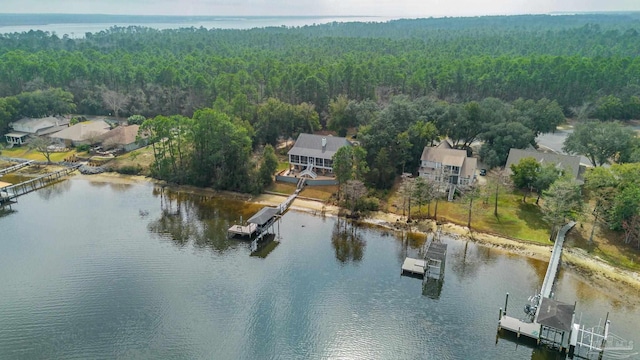 bird's eye view with a water view and a wooded view