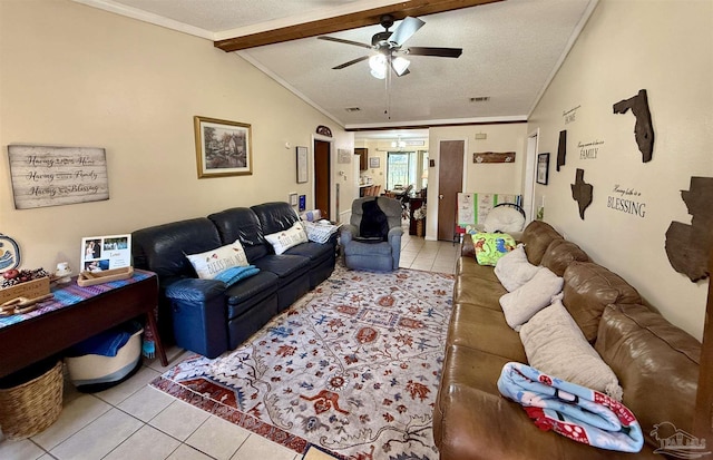 tiled living room with crown molding, vaulted ceiling with beams, and a textured ceiling