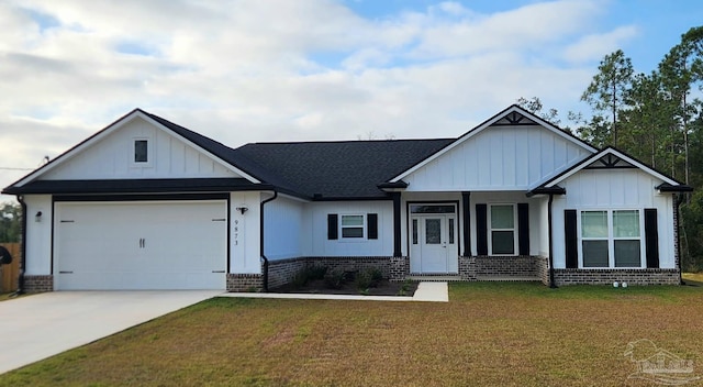 view of front of house featuring driveway, an attached garage, a front lawn, board and batten siding, and brick siding