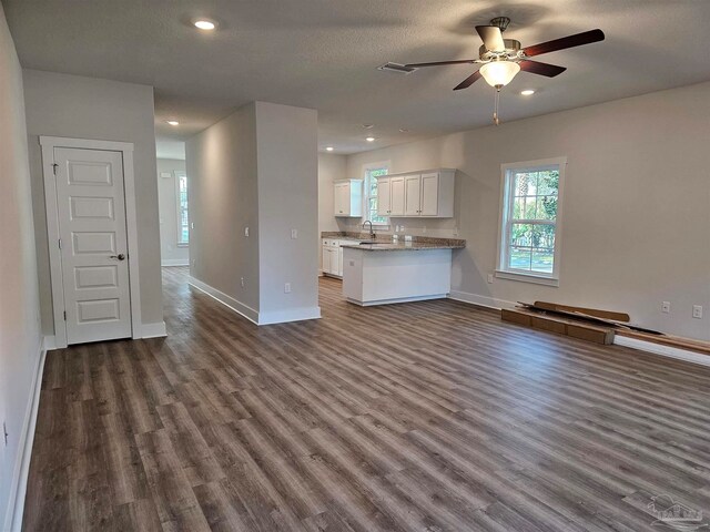 kitchen featuring dark wood-type flooring, open floor plan, white cabinetry, a sink, and a peninsula