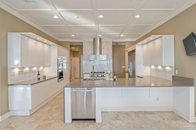 kitchen featuring kitchen peninsula, stainless steel appliances, wall chimney exhaust hood, and white cabinetry