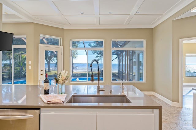 kitchen featuring sink, stainless steel dishwasher, and coffered ceiling