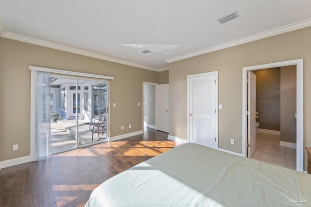 bedroom with hardwood / wood-style floors, ensuite bath, access to exterior, and ornamental molding