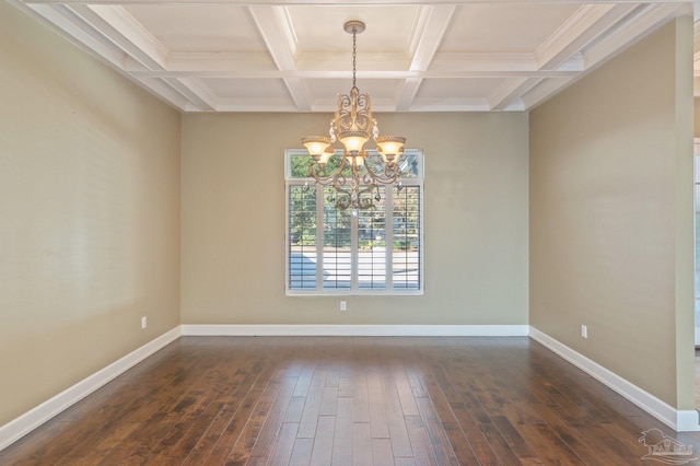 spare room featuring dark hardwood / wood-style flooring, an inviting chandelier, beamed ceiling, and coffered ceiling