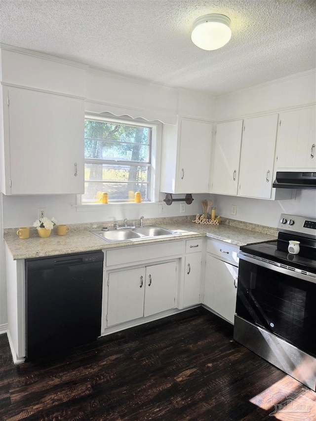 kitchen featuring sink, white cabinetry, black dishwasher, stainless steel electric range oven, and a textured ceiling