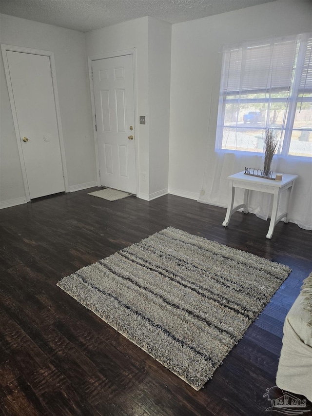 foyer with a textured ceiling and dark hardwood / wood-style flooring