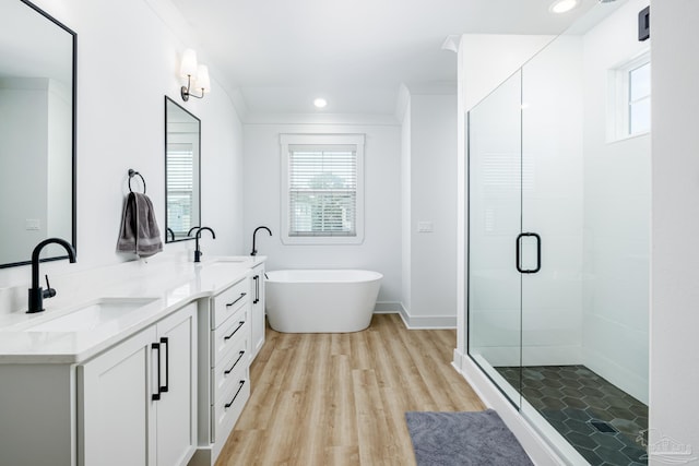 bathroom featuring plus walk in shower, wood-type flooring, vanity, and ornamental molding