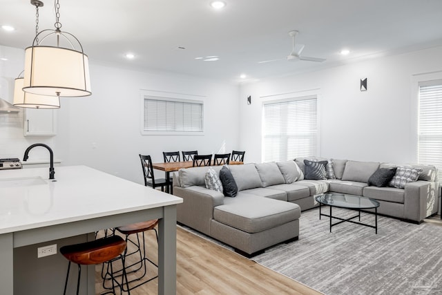 living room with ceiling fan, a healthy amount of sunlight, light hardwood / wood-style floors, and sink