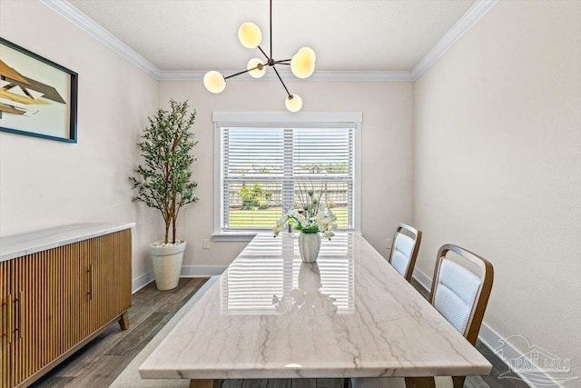 1412 Areca Palm Dr, Gulf Breeze, FL 32563 - dining room featuring a chandelier, dark wood-type flooring, and crown molding