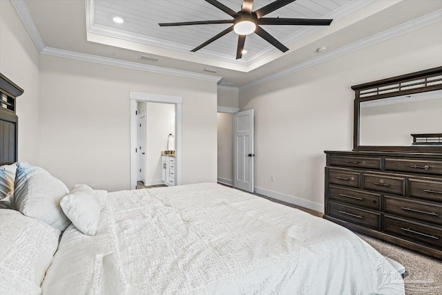 1412 Areca Palm Dr, Gulf Breeze, FL 32563 - bedroom featuring a tray ceiling, ornamental molding, ensuite bathroom, recessed lighting, and ceiling fan