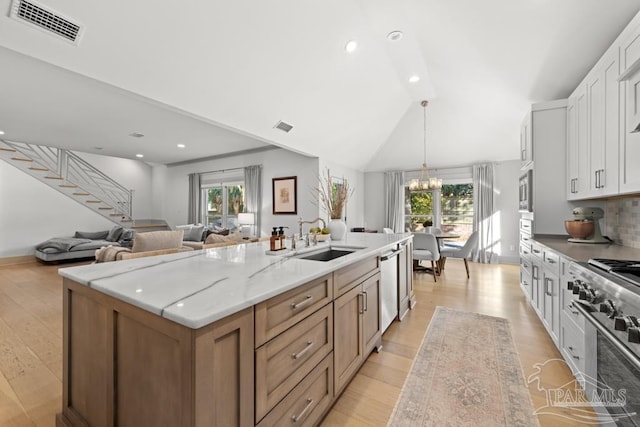 kitchen with sink, light stone countertops, appliances with stainless steel finishes, a large island, and white cabinetry