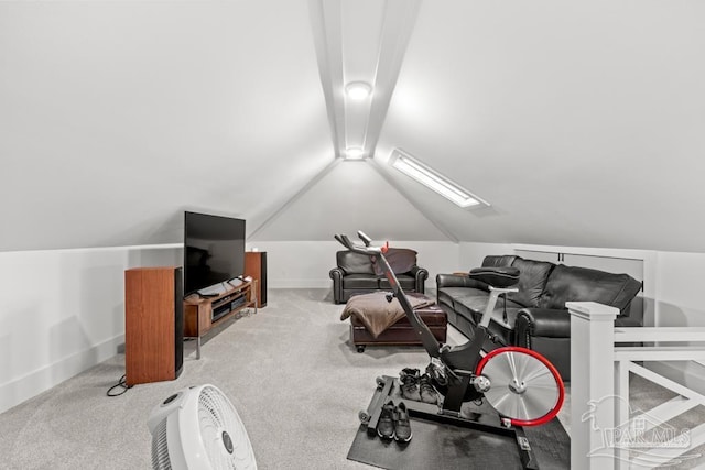 exercise area featuring carpet flooring and lofted ceiling with skylight