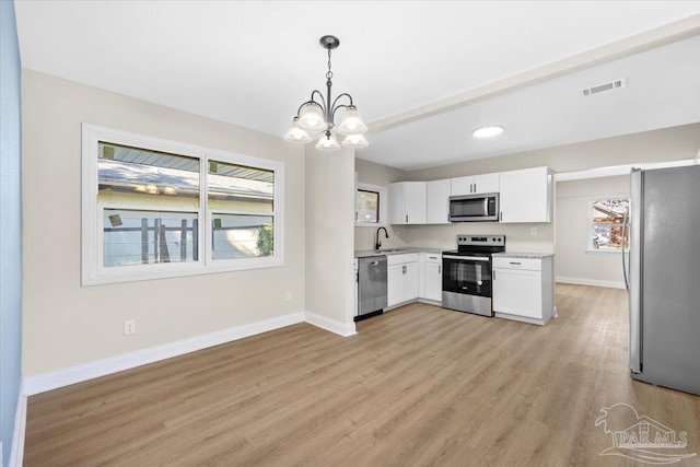 kitchen featuring sink, white cabinetry, decorative light fixtures, stainless steel appliances, and light hardwood / wood-style floors