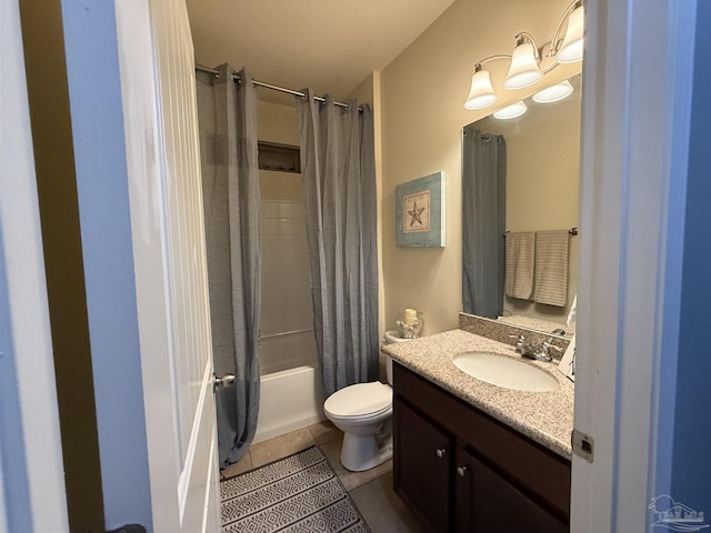 full bath with toilet, tile patterned flooring, shower / bathtub combination with curtain, and vanity