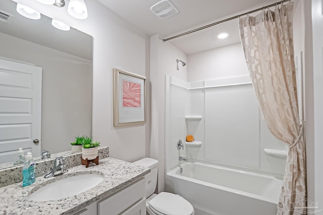 8815 Longmont Way, Milton, FL 32583 - bathroom featuring shower / bath combo with shower curtain, toilet, visible vents, and vanity