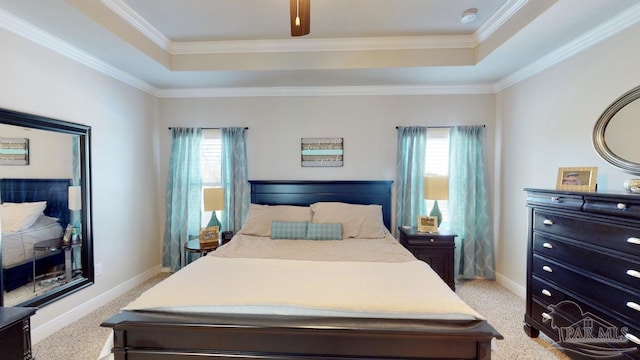 bedroom featuring a raised ceiling, light colored carpet, and crown molding