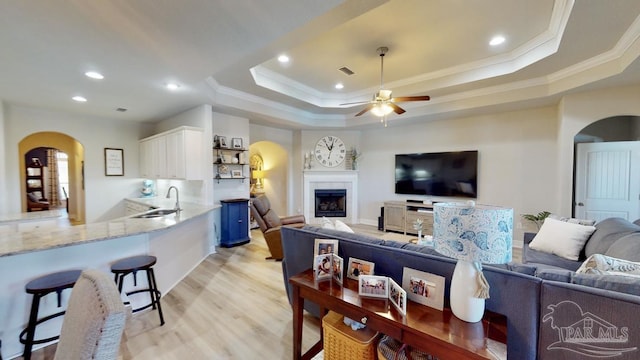 living room with a raised ceiling, sink, ceiling fan, light wood-type flooring, and ornamental molding