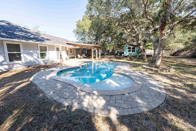 outdoor pool featuring an outbuilding, a patio, and a shed