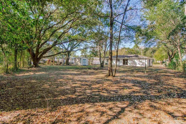 view of yard featuring a storage unit