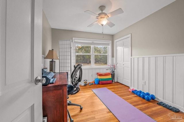 office area featuring ceiling fan and light hardwood / wood-style floors