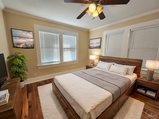 bedroom with a ceiling fan, baseboards, ornamental molding, and wood finished floors