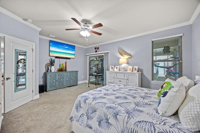3920 Shady Grove Dr, Pace, FL 32571 - bedroom with carpet flooring, crown molding, baseboards, a ceiling fan, and a textured ceiling