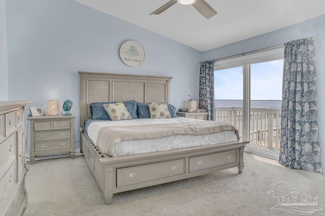 10443 Gulf Beach Hwy Unit 1, Pensacola, FL 32507 - bedroom featuring access to exterior, vaulted ceiling, ceiling fan, and light carpet