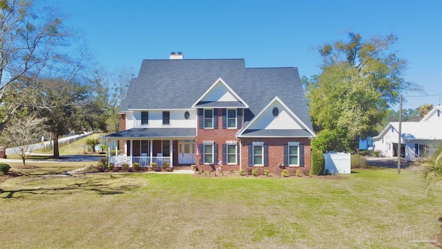 view of front of home with covered porch, a front lawn, a chimney, and brick siding