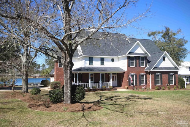 view of front of property with a porch, a front lawn, and brick siding