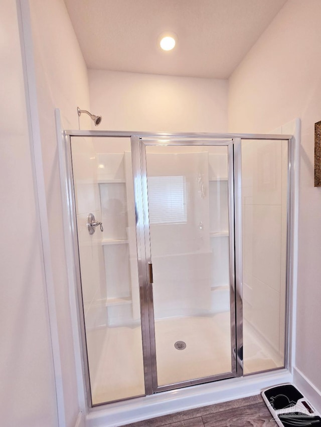 bathroom with a shower stall