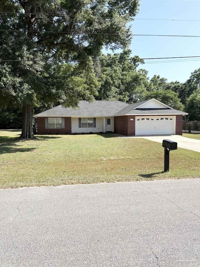 single story home with concrete driveway, brick siding, a front lawn, and a garage