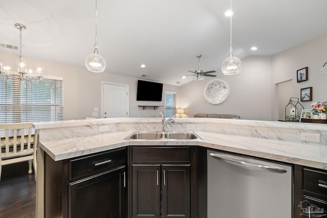 kitchen featuring sink, dark hardwood / wood-style flooring, dishwasher, pendant lighting, and ceiling fan