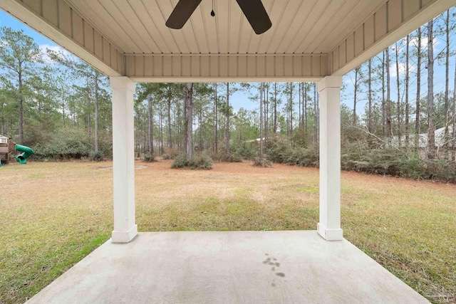 view of patio featuring ceiling fan