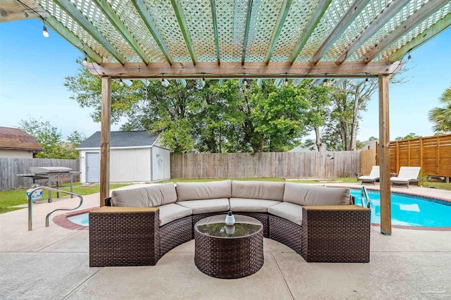 view of patio / terrace featuring an outdoor hangout area, a pergola, a fenced in pool, and a storage unit