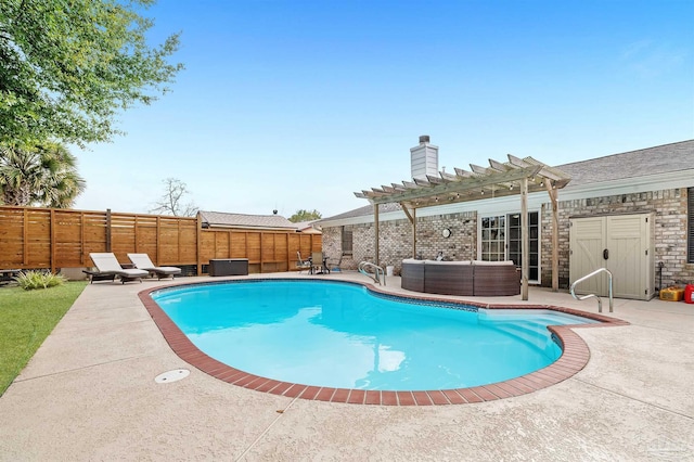 view of swimming pool with outdoor lounge area, a patio, and a pergola