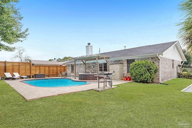 view of swimming pool with an outdoor hangout area, a patio, a lawn, area for grilling, and a pergola